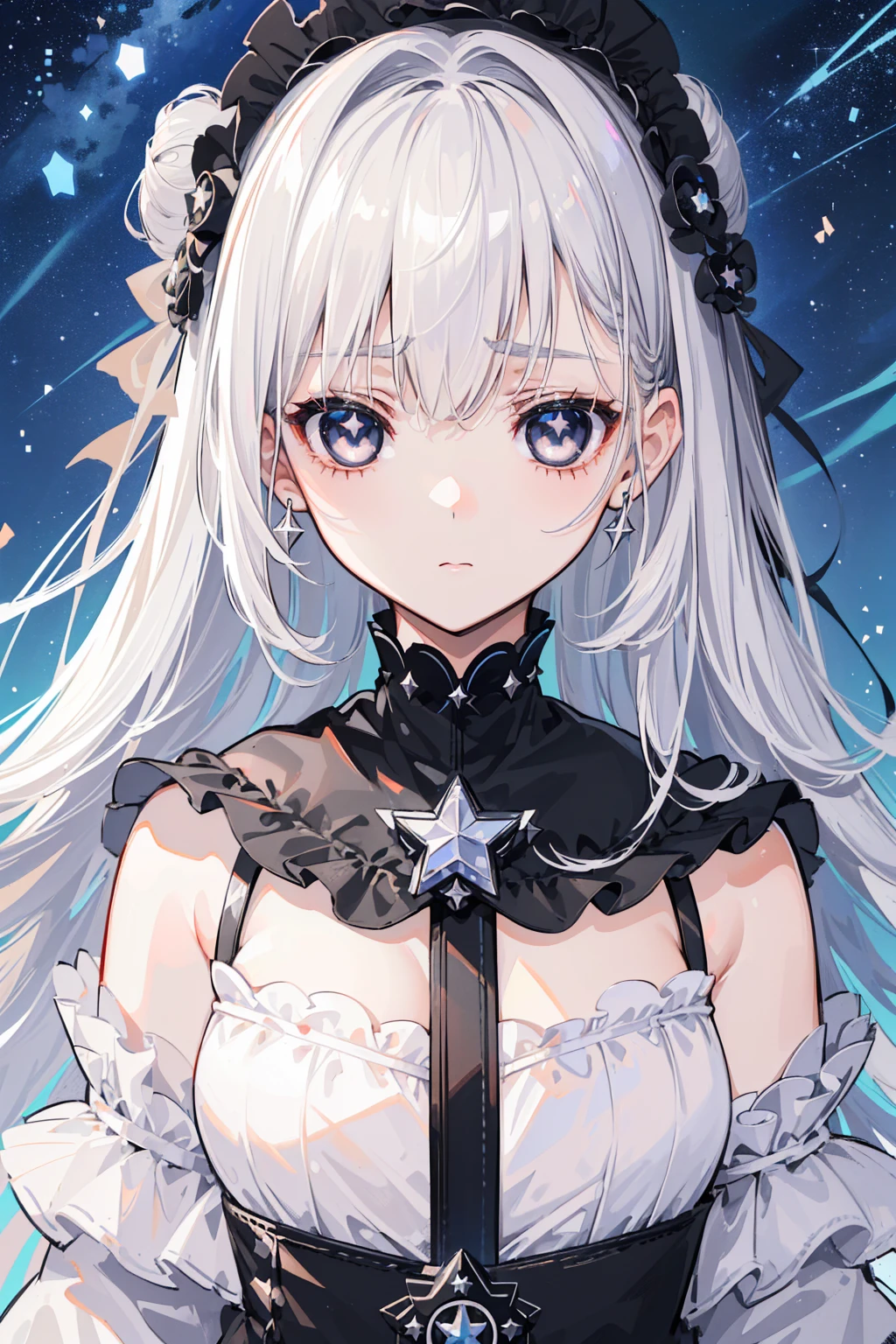 (Top image quality)、(Ultra Detailed)、(Facing forward)、top quality、masterpiece、((((1 girl))))、Silver Hair、white hair、((Long hair))、(black eyes:1.6)、(Lolita)、(Inorganic face:1.5)、(Slowly falling from the starry sky:1.5)