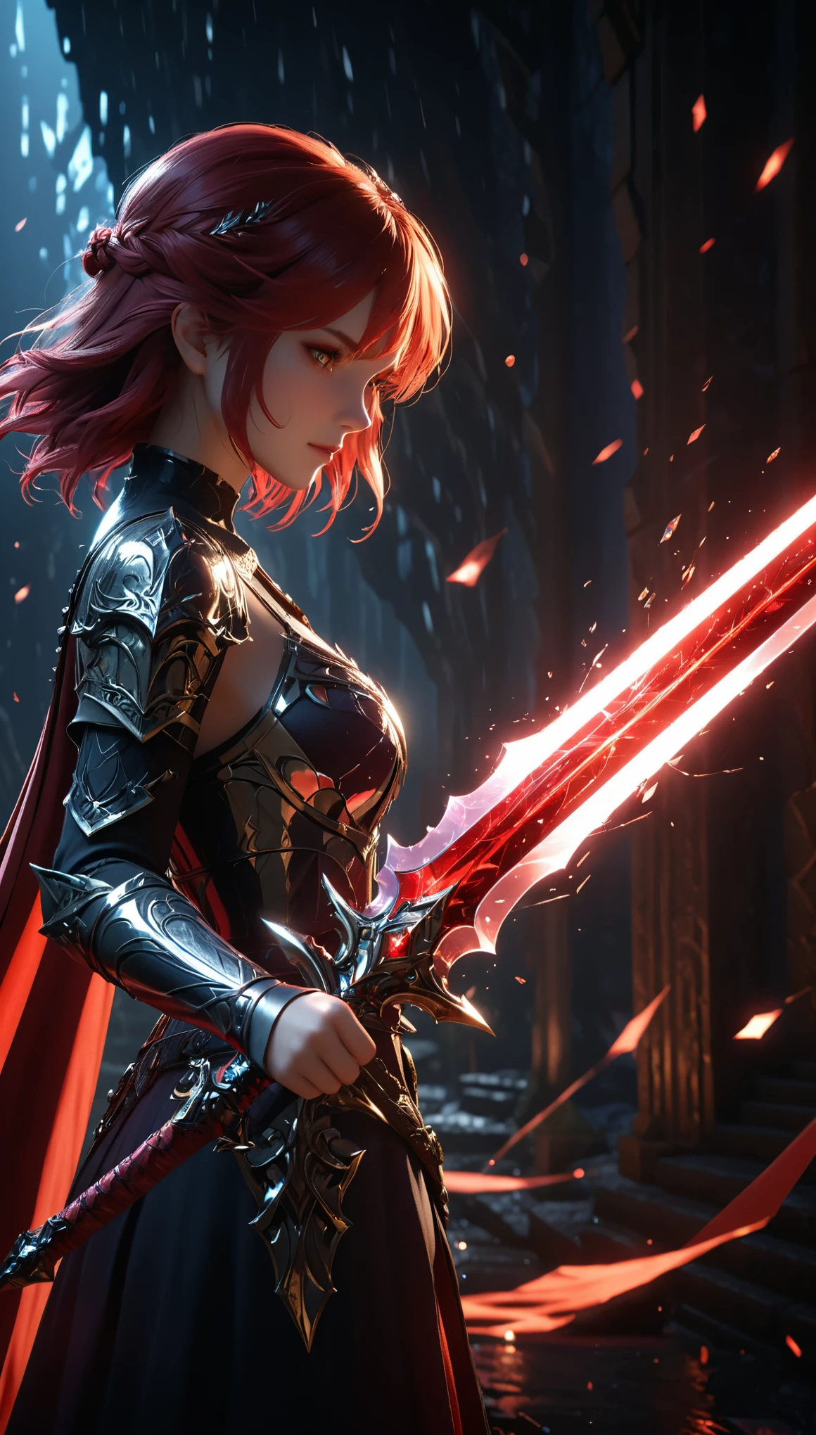 shattered glass，broken，refraction，Reflective，Light and Shadow Art，1 Girl half body close-up，Blurred foreground，Dynamic Action，Motion Blur，Luminescence(Giant Long Sword:1.8)，Red light，Realistic sword，Broad blade，3d ，Unreal Engine，Rendering，scary shadows