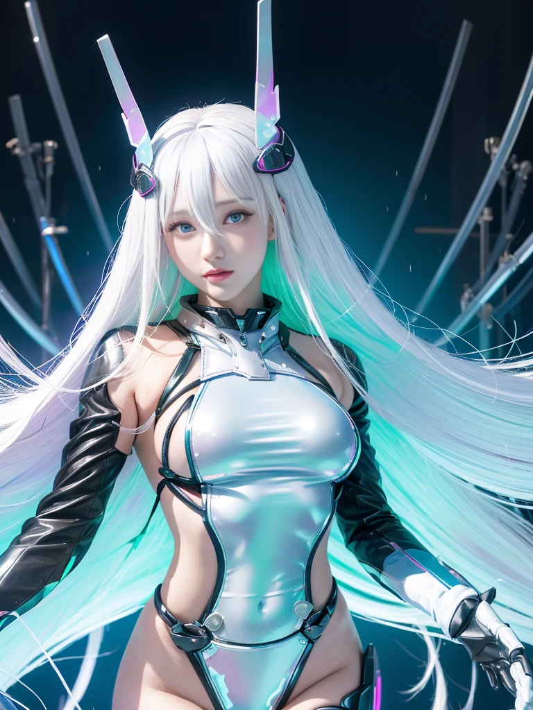 Super Detail, High Detail, high quality, best quality, High resolution，1 female robot，Beautiful female robot,beautiful clear face(Rain waves_haneame：1.5)， Realistic, High resolution, Soft Light,Hips up, (Detailed face), silver hair, long hair, Mecha Maiden, Colorful mechanical parts, mechanical joint, Thick mechanical armor,Weaponry, All metal body, Technology Antenna Hair Accessories