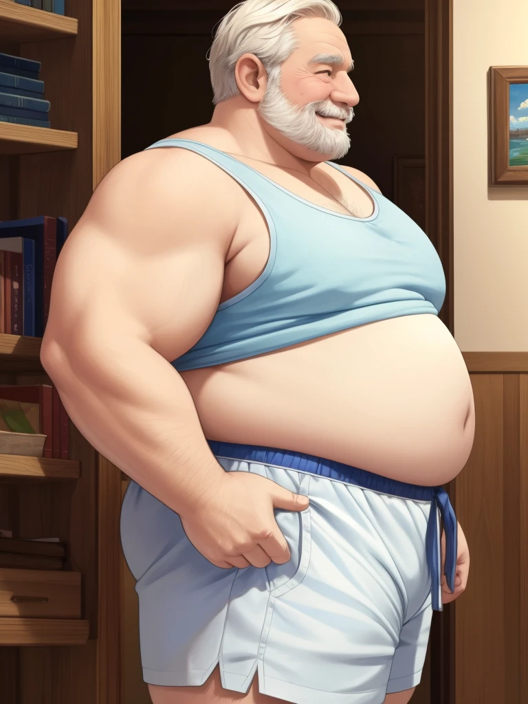 a smiling obese old man, chubby, big fat, detailed realistic portrait, 8k high resolution, sumo physique, side view, perfect center, full view, realistic skin texture, wrinkled face, short hair, bearded, jovial expression, huge belly, fat, wearing shorts, high detail, masterpiece, (best quality,4k,8k,highres,masterpiece:1.2),ultra-detailed