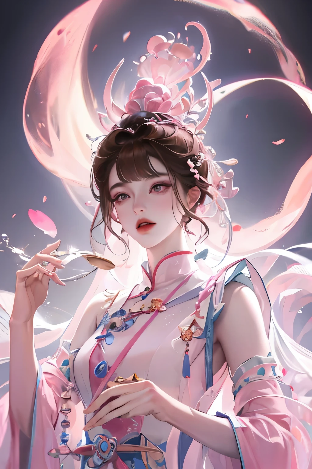 masterpiece, best quality, seaside, banquet, 1 female, Mature woman, elegant, Chinese, China, elder sister, Royal elder sister, Happy, , Light brown hair, Pink Eyes, Gorgeous headdress, Light pink lips, Pink clothes, Yarn Clothing, Intellectuals, Full bangs, Straight bangs, Flower Balls, Delicate face,Hair Bun