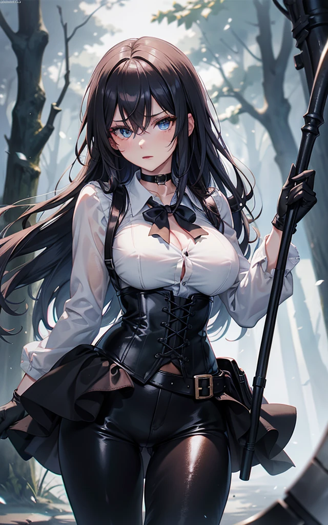Masterpiece, Beautiful art, professional artist, 8k, art style by sciamano240, Very detailed face, Detailed clothing, detailed fabric, 1 girl, perfectly drawn body, fighting pose, beautiful face, long hair, blue eyes, very detailed eyes, pink cheeks, shy expression, choker:1.6, (long sleeve white collar buttoned shirt), black gloves, gloves covering hands, (holding an ax in the right hand), (black leather corset), (shiny black leggings), sensual lips ,  evening de invierno, show details in the eyes, view from front, looking at the viewer, dark path, dark forest, evening, Atmosphere, fog
