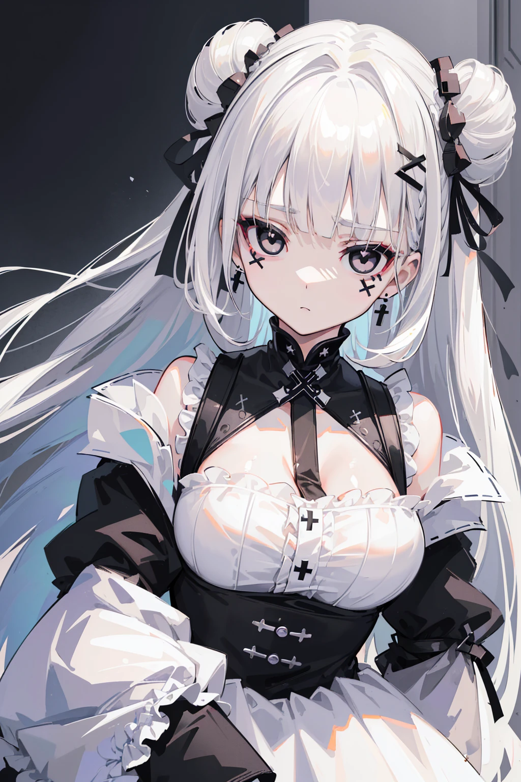 (Top image quality)、(Ultra Detailed)、(Facing forward)、top quality、masterpiece、((((1 girl))))、Silver Hair、white hair、((Long hair))、(black eyes:1.6)、(Lolita)、(Inorganic face:1.5)、(Black crosses all around:1.5)