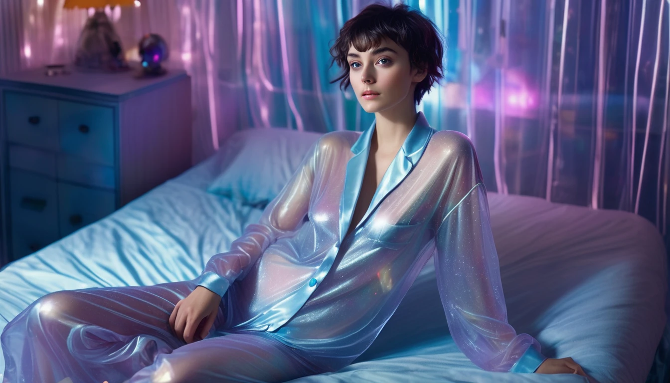 Highest quality, masterpiece, High resolution, 8K, (Realistic:1.4), whole body,  (Large see-through pajamas.:1.1), Spaceship, Bed with puffer bed linen, Dim Light, Beautiful woman, skinny, Small breasts, Asymmetrical Pixie Hair, Detailed face, Embarrassed look, To the camera, Photo taken from a distance, 20-year-old, pastel colour