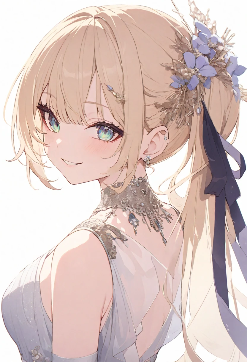 (muste piece), (best quality), very detailed eyes, expressive eyes, perfect face, very detailed face, highly detailed face, beautiful girl, 8K, beautiful girl, white background, delicate and beautiful face and eyes, dark intense shadow, 
1 girl, vtuber style, cool girl, hololive, ShigureUI-PXL, blond hair, see-through:evening dress, small chest, cropped shoulders, clavicle from behind, looking back, smile, (whole body), standing,