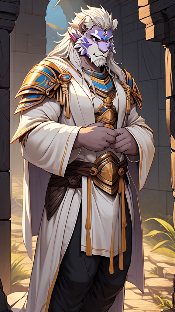 (masterpiece),(highres),(intricate details:1.4),extremely detailed,(illustration:1.2),8k,photorealistic,exquisite,aged,elder male lion ,muscular,(brave paladin:1.7),(Ancient Greek mythological style;1.8),(loose white robe:1.6),manhood,safeguard,(white hair:1.3),long hair,long white beard,scar,(badly damaged),(sacrifice),hurt,broken body ,(bulging crotch:1.8),(homosexual),(naked upper body:1.7),(a serene face:1.9)