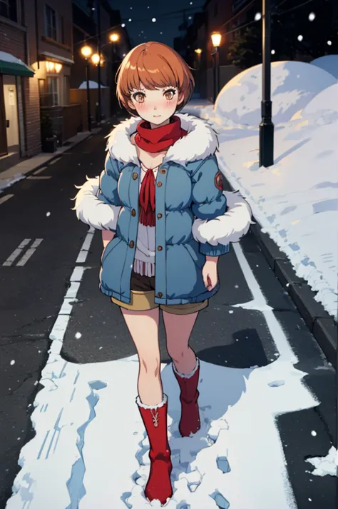 masterpiece, best quality,  chiep4, chiemidwinter, blue coat, fur trim, red scarf, shorts, red boots, snow, street, night, lampp...