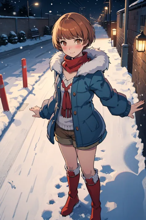 masterpiece, best quality,  chiep4, chiemidwinter, blue coat, fur trim, red scarf, shorts, red boots, snow, street, night, lampp...