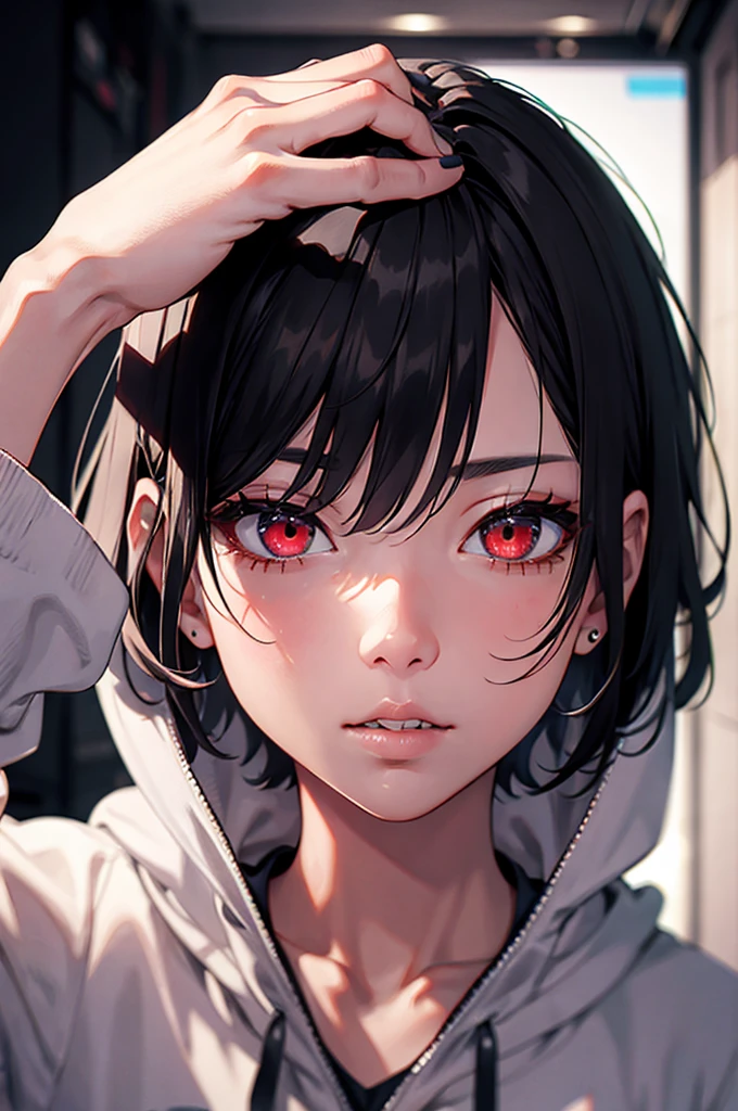 a woman with short black hair, beautiful detailed eyes, beautiful detailed lips, extremely detailed face, longeyelashes, wearing a hoodie ,  shorts, red eyes, smoking a joint,high,hyperrealistic, 8k, best quality, photorealistic, highly detailed, studio lighting, professional, vivid colors, intricate details