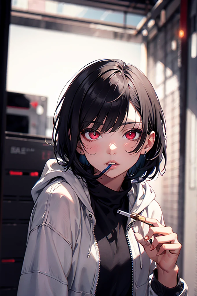 a woman with short black hair, beautiful detailed eyes, beautiful detailed lips, extremely detailed face, longeyelashes, wearing a hoodie ,  shorts, red eyes, smoking a joint,high,hyperrealistic, 8k, best quality, photorealistic, highly detailed, studio lighting, professional, vivid colors, intricate details