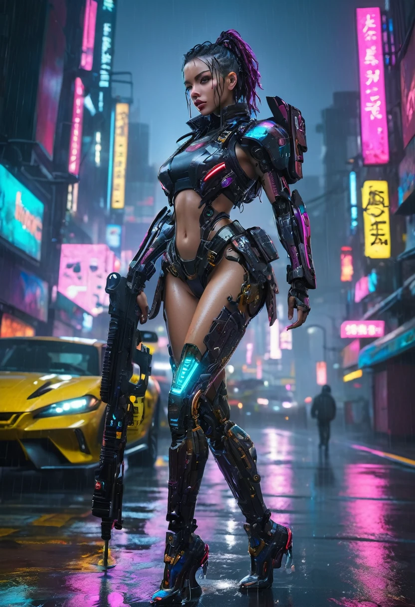 Ville néon Cyberpunk la nuit pluvieuse, Guerrière cyborg très détaillée et magnifique, debout sous la pluie, pièces mécaniques complexes, Améliorations cybernétiques brillantes, une peau impeccable, traits délicats du visage, beauticomplety detailed eyes, nez pointu, complet, Beauticomplety detailed lips, long cils, yeux et visage très détaillés, Des proportions parfaites et idéales, grand , Taille serrée, grand butt, Look séduisant, paquet de six, nombril, tatouages, Cyber Rifle destiné au spectateur, effet de pluie, néons, asphalte mouillé, flaques d&#39;eau, grattes ciels, Ciel nuageux et sombre, ambiance maussade, Éclairage dramatique, composition cinématographique, couleurs vives, armure futuriste complexe, Pose gracieuse, regard perçant, (la plus haute qualité, 4k, 8k, haute résolution, chef-d&#39;œuvre:1.2), ultra détaillé, (Réaliste, Photoréaliste, Photoréaliste:1.37), machines complexes, technologie avancée, action dynamique, ombres dramatiques, angles cinématographiques, expressions intenses, Éclairage dramatique, reflets néon, motifs complexes, décors futuristes, ultra détaillé faces, composition cinématographique, poses dynamiques, ambiance intense, couleurs riches, armement avancé, cyberpunk, science-fiction, art numérique, mecha,