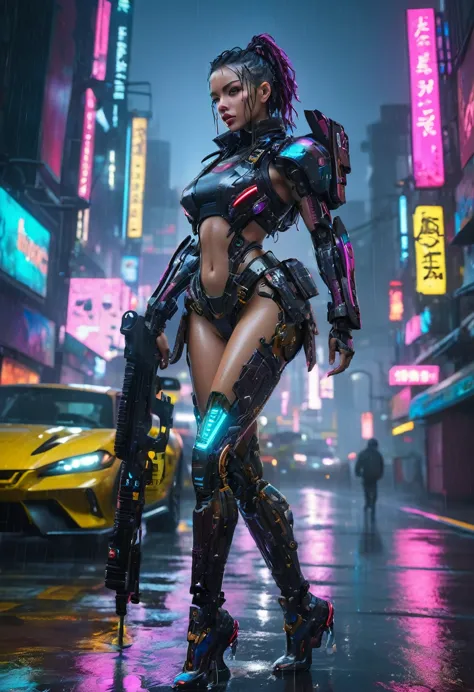 Cyberpunk neon city at rainy night, Highly detailed and beautiful female cyborg warrior standing in the rain, intricate mechanic...