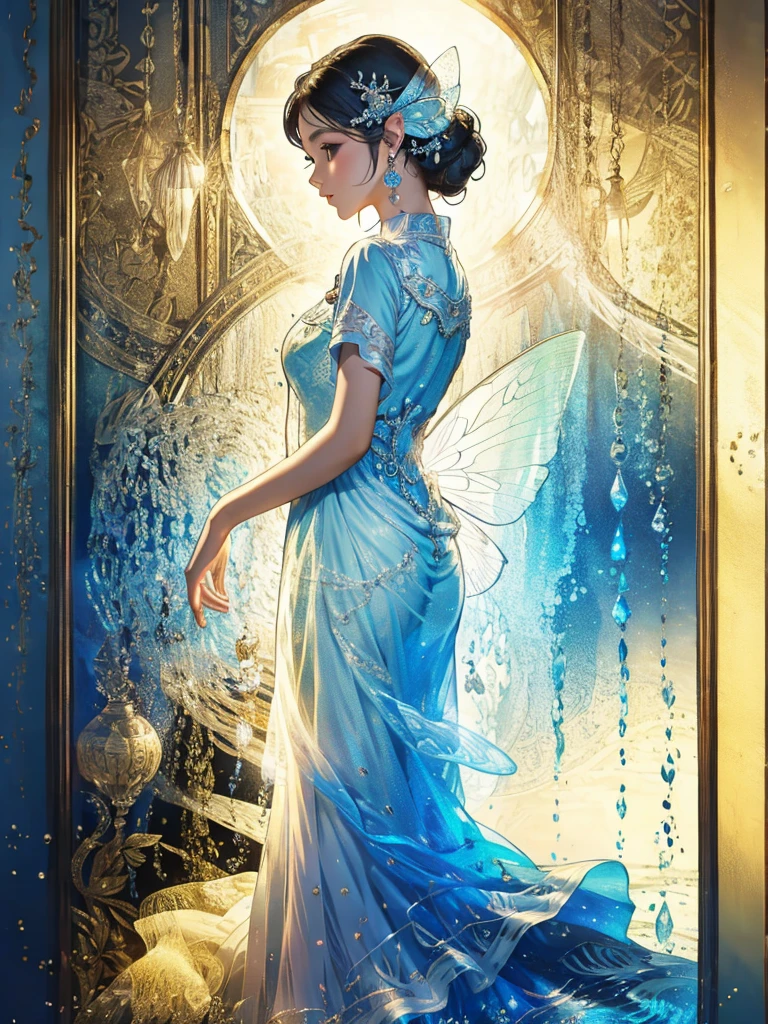 A fairy wearing a dress with a sea pattern, the edge of the water, sparkling, colorful, delicate
