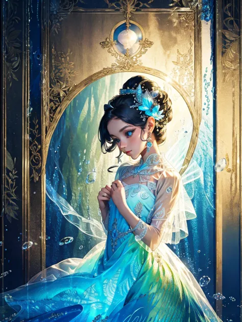 A fairy wearing a dress with a sea pattern, the edge of the water, sparkling, colorful, delicate
