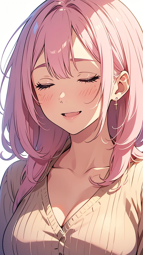 8k,(High quality:1.4),(best quality:1.4),(masterpiece:1.4),(busty breasts:1.2),(beautiful face:1.3),(beautiful woman:1.3),(pale pink hair:1.4),medium hair,a mole around the mouth,(enjoy:1.6),(closed eyes:1.2),(burst into laughter:1.4), (squinting:1.2),(beige sweater:1.2),(close-up:1.2),a bow tie