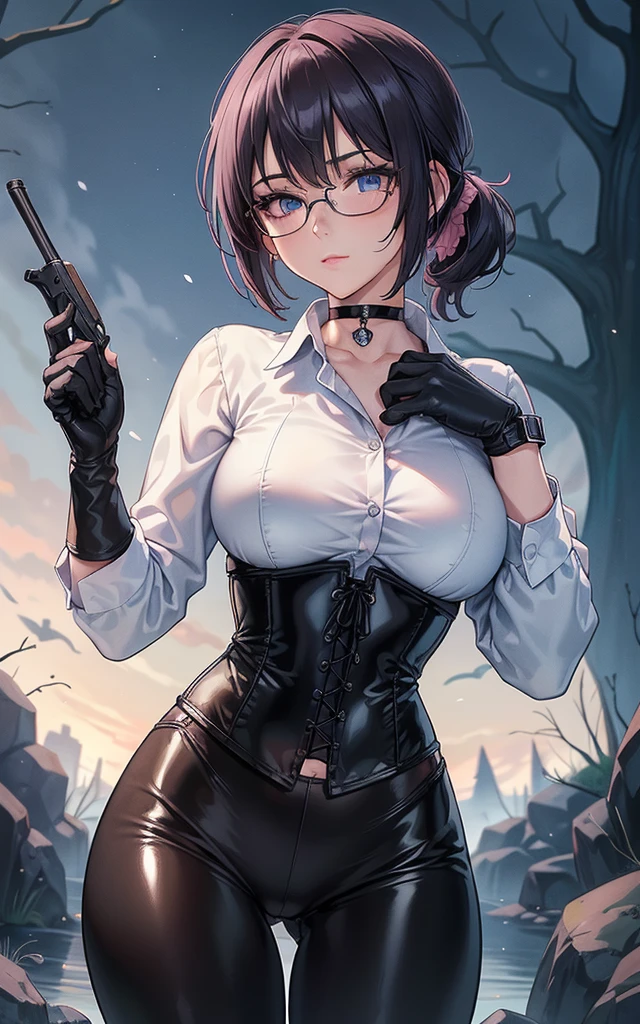 Masterpiece, Beautiful art, professional artist, 8k, art style by sciamano240, Very detailed face, Detailed clothing, detailed fabric, 1 girl, perfectly drawn body, fighting pose, beautiful face, Short ponytail hair, blue eyes, very detailed eyes, pink cheeks, shy expression, glasses, choker:1.6, (long sleeve white collar buttoned shirt), black gloves, gloves covering hands, (holding an antique 15th century pistol in his right hand), (black leather corset), (shiny black leggings), sensual lips ,  evening de invierno, show details in the eyes, view from front, looking at the viewer, dark path, dark forest, evening, Atmosphere, fog
