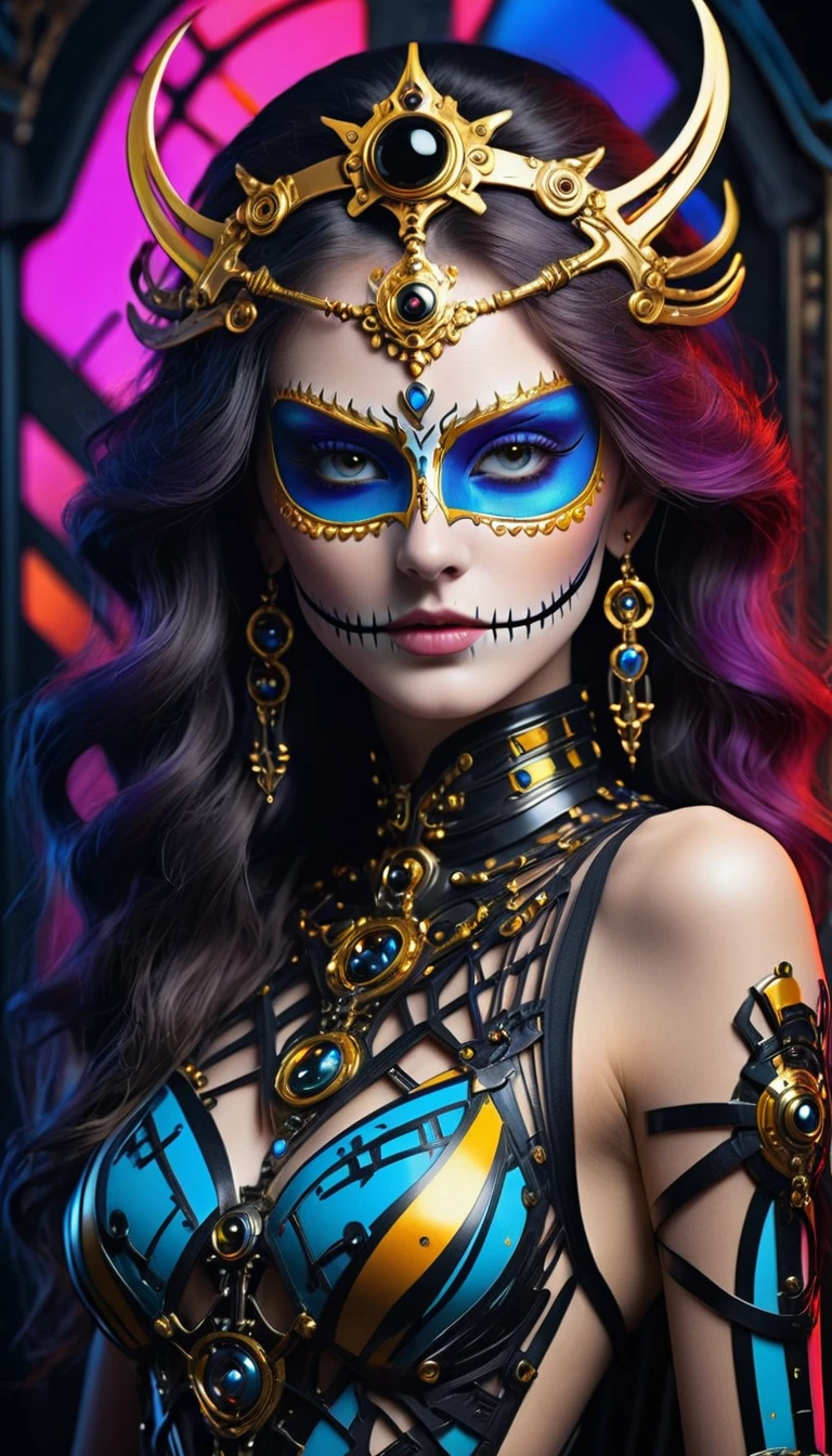 ( High quality , Ultra-detail, carefully with your hand )tarot card, chiaroscuro technique on sensual illustration of an queen of sword, a teenage fashion model wearing an exo-skeleton mask, vibrant colors, futuristic cyberpunk style, intricate details, cinematic lighting, dramatic pose, an elegant complex bio mechanical onyx and gold, intricate details, official art, unity 8k wallpaper, ultra detailed, beautiful and aesthetic, beautiful, masterpiece, best quality, the most beautiful form of chaos, elegant, a brutalist designed, vivid colours, romanticism, atmospheric