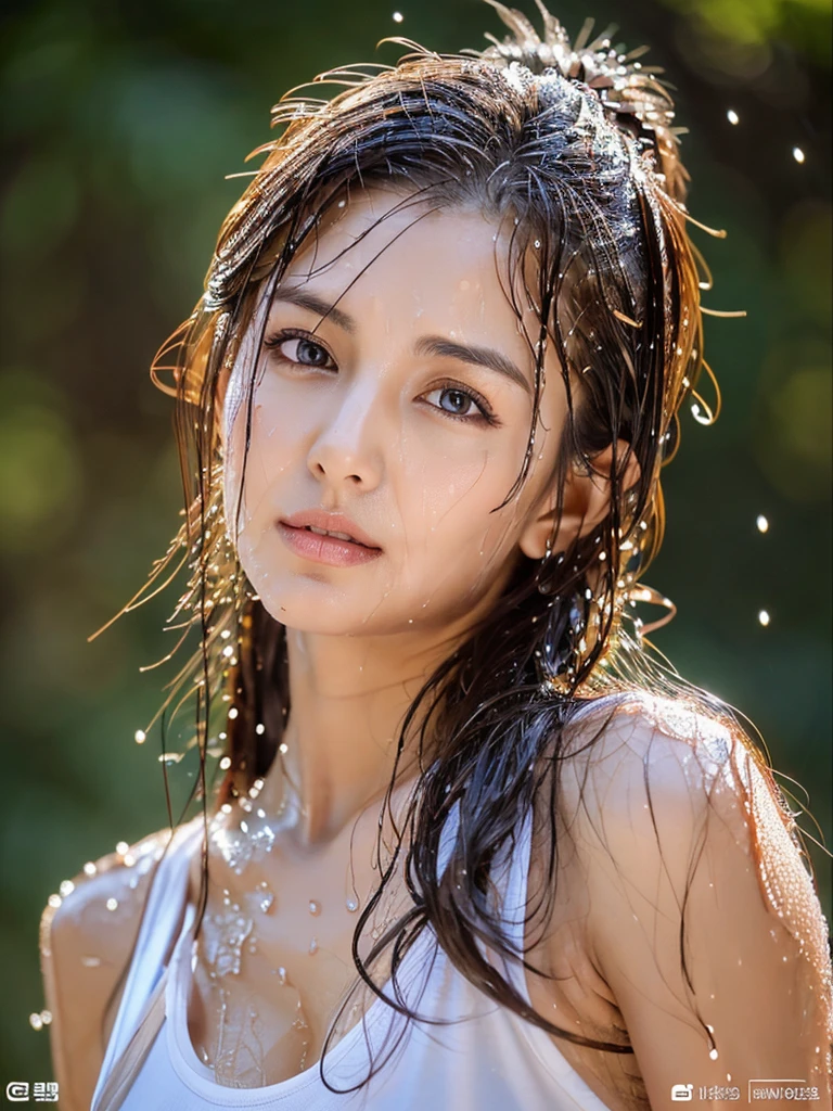 "best quality, 4K, Masterpiece :1.3), beautiful woman, single woman, (chest, attractive body :1.2), Abdominal muscles :1.1, dark brown hair: 1.1, (Wet with sweat, wet from sweat, wet body :1.2), The face is very detailed., fine lips, Fine eyes, Double eyelids, outdoor, run"