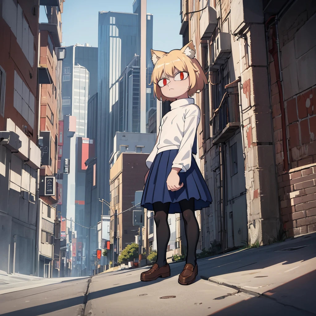 (masterpiece, best quality:1.2),  necoarc, slit pupils, cat ears, blonde hair, red eyes, chibi, 1boy, solo, white turtleneck, blue skirt, pleated skirt, brown footwear, pantyhose, outdoors, looking at viewer, highlight thighs, arms crossed 