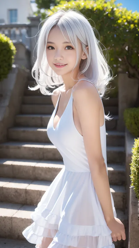 Some women have long white hair, A simple, thin one-piece dress worn by a beautiful girl, With slit, (Her skin is visible throug...