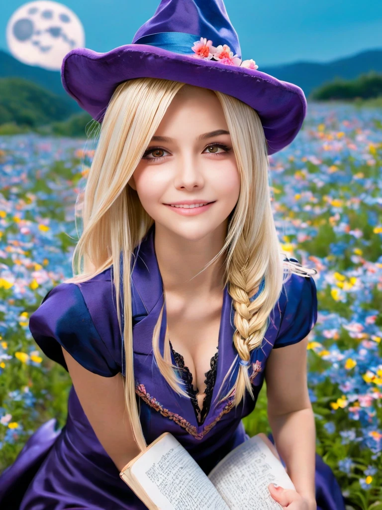 dark magician girl, masterpiece, best quality, (1girl), solo, (water), long hair, blonde hair, blue headwear, wizard hat, spell casting, castle, castle:2, motion blur, book, magic, (moonlight:1.2), chromatic aberration, depth of field, soft lighting, highly detailed face, highly detailed eyes, 