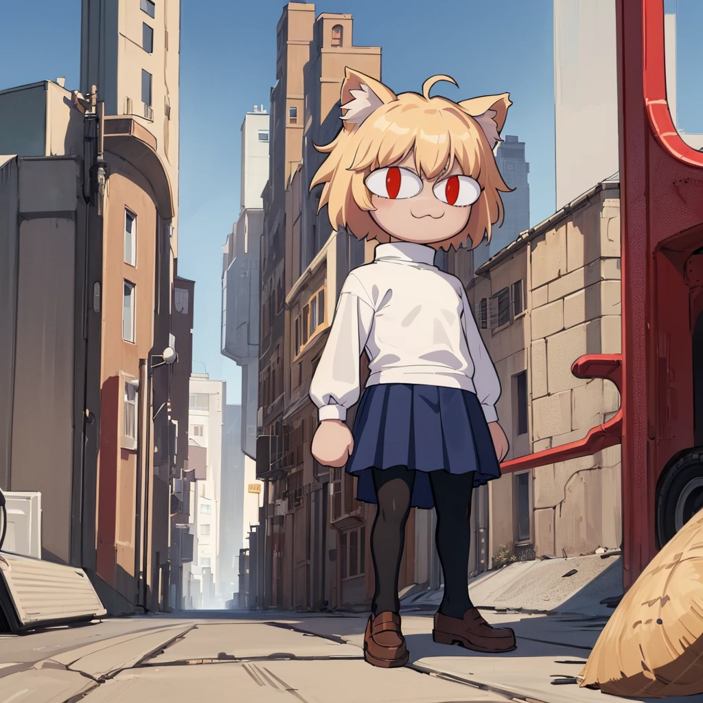 (masterpiece, best quality:1.2),  necoarc, slit pupils, cat ears, blonde hair, red eyes, chibi, 1boy, solo, white turtleneck, blue skirt, pleated skirt, brown footwear, pantyhose, outdoors, pov, (solo portrait), (front view), highlight thighs,