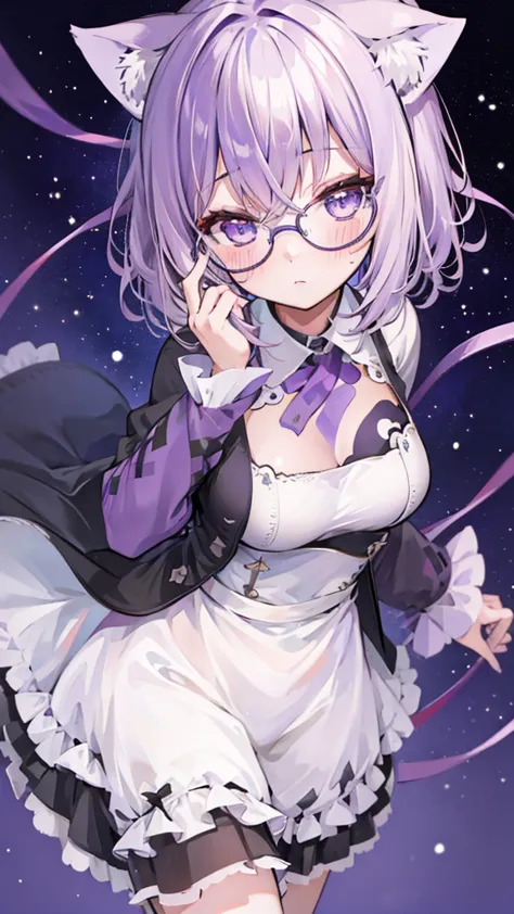 ,hair on one eye, blush, purple eyes, alone, one girl, short hair, glasses, light purple hair, ruffled top, shortasterpiece、high...