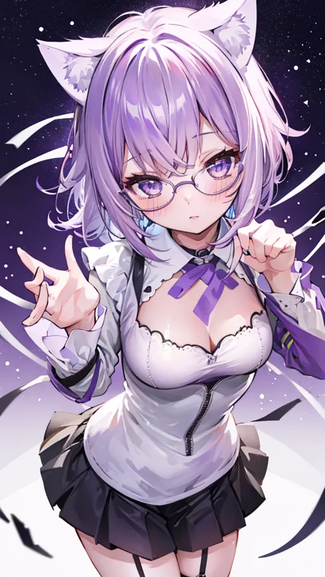 ,hair on one eye, blush, purple eyes, alone, one girl, short hair, glasses, light purple hair, ruffled top, shortasterpiece、high...