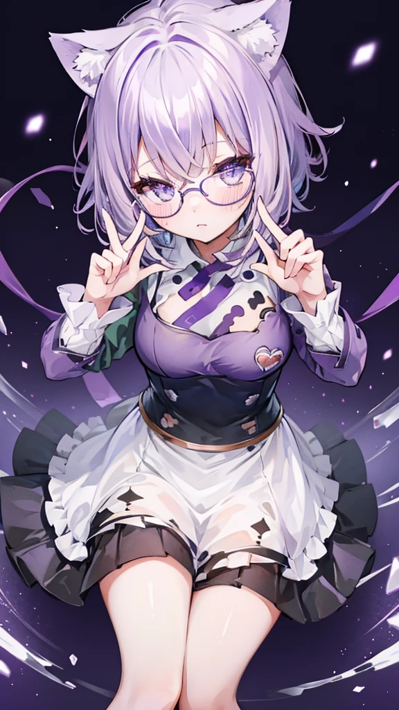 ,Hair on one eye, blush, Purple eyes, alone, One girl, short hair, Glasses, Light purple hair, Ruffled top, Shortasterpiece、high resolution、From above、(Perfect hands),(Perfect Anatomy),(masterpiece),(Highest quality)