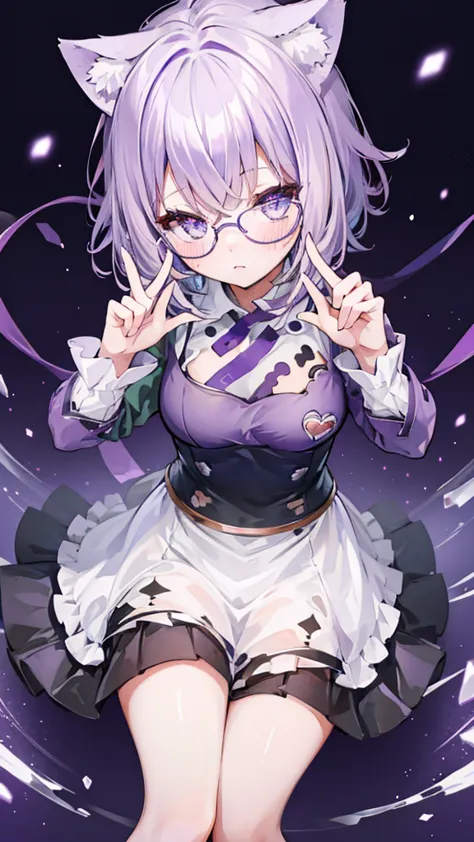 ,hair on one eye, blush, purple eyes, alone, one girl, short hair, glasses, light purple hair, ruffled top, shortasterpiece、high...