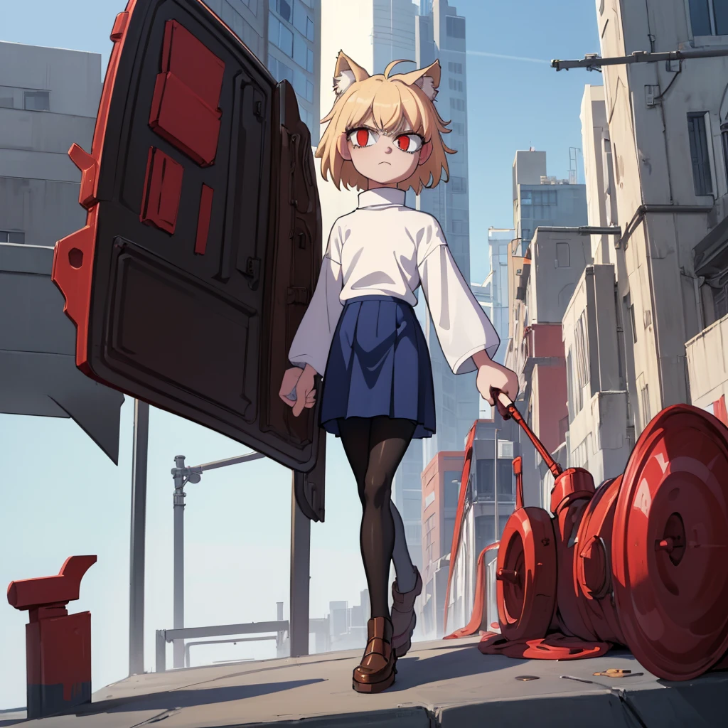 (masterpiece, best quality:1.2),  necoarc, slit pupils, cat ears, blonde hair, red eyes, chibi, 1boy, solo, white turtleneck, blue skirt, pleated skirt, brown footwear, pantyhose, outdoors, (solo portrait), (front view), highlight thighs,