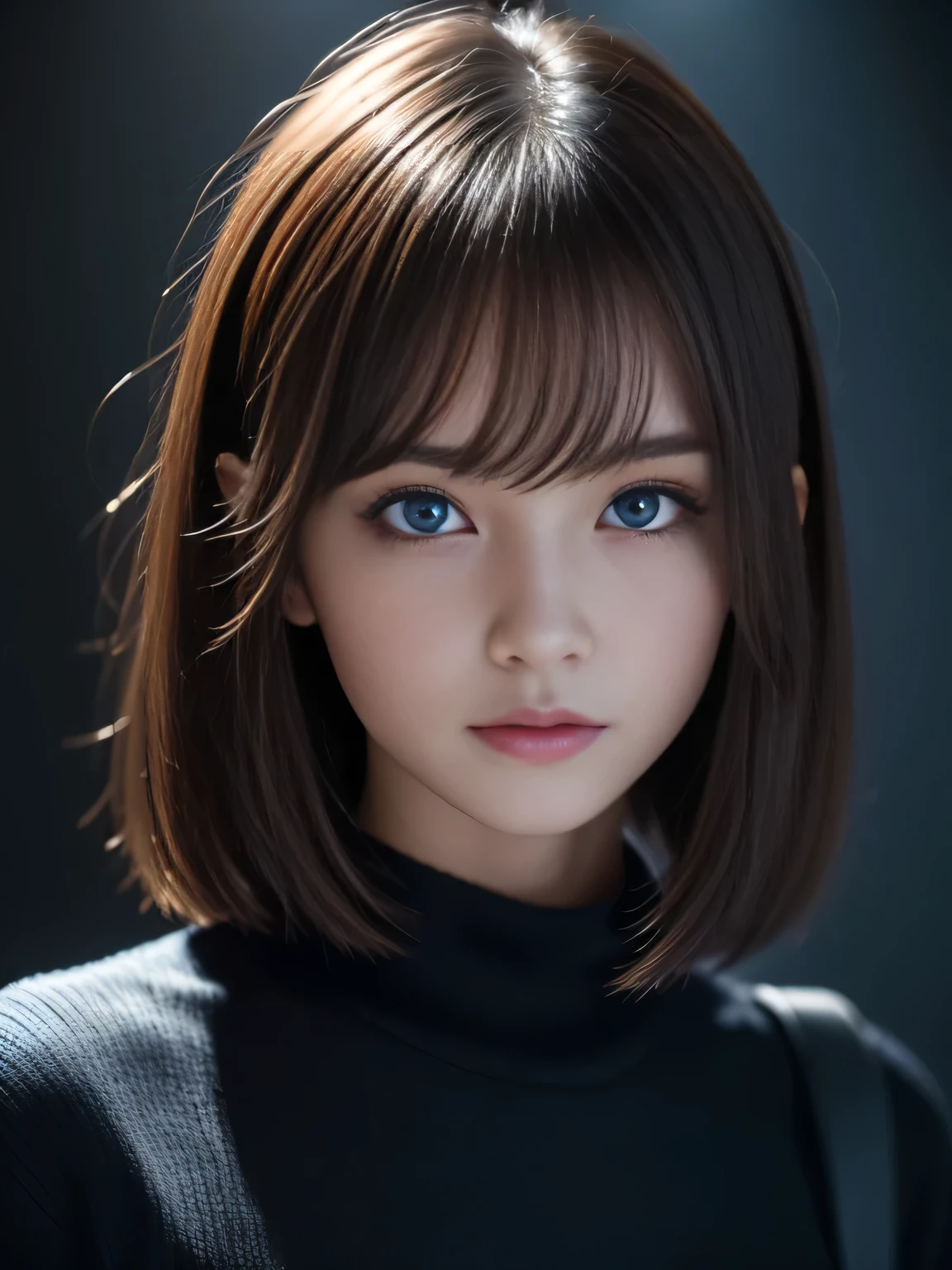 masterpiece, best quality, ultra-detailed, intricately detailed hyperdetailed, realistic, sharp features, highly detailed, sharp focus, (Japanese idol), 19 years old, perfect face, perfect and delicate Blue eyes, perfect full lips, flexible female form, cinematic, hyper detailed, hyper realistic, high resolution, gloomy shadow, brown hair, messy hair, Black sweater, portrait, head shot, blue and purple cinematic lighting, (Dark room:1.3), (rim light:1.3), (Dimly light:1.3), (Dark night:1.3), Indoors, (dark fantasy), ((deep Blue hour)), 