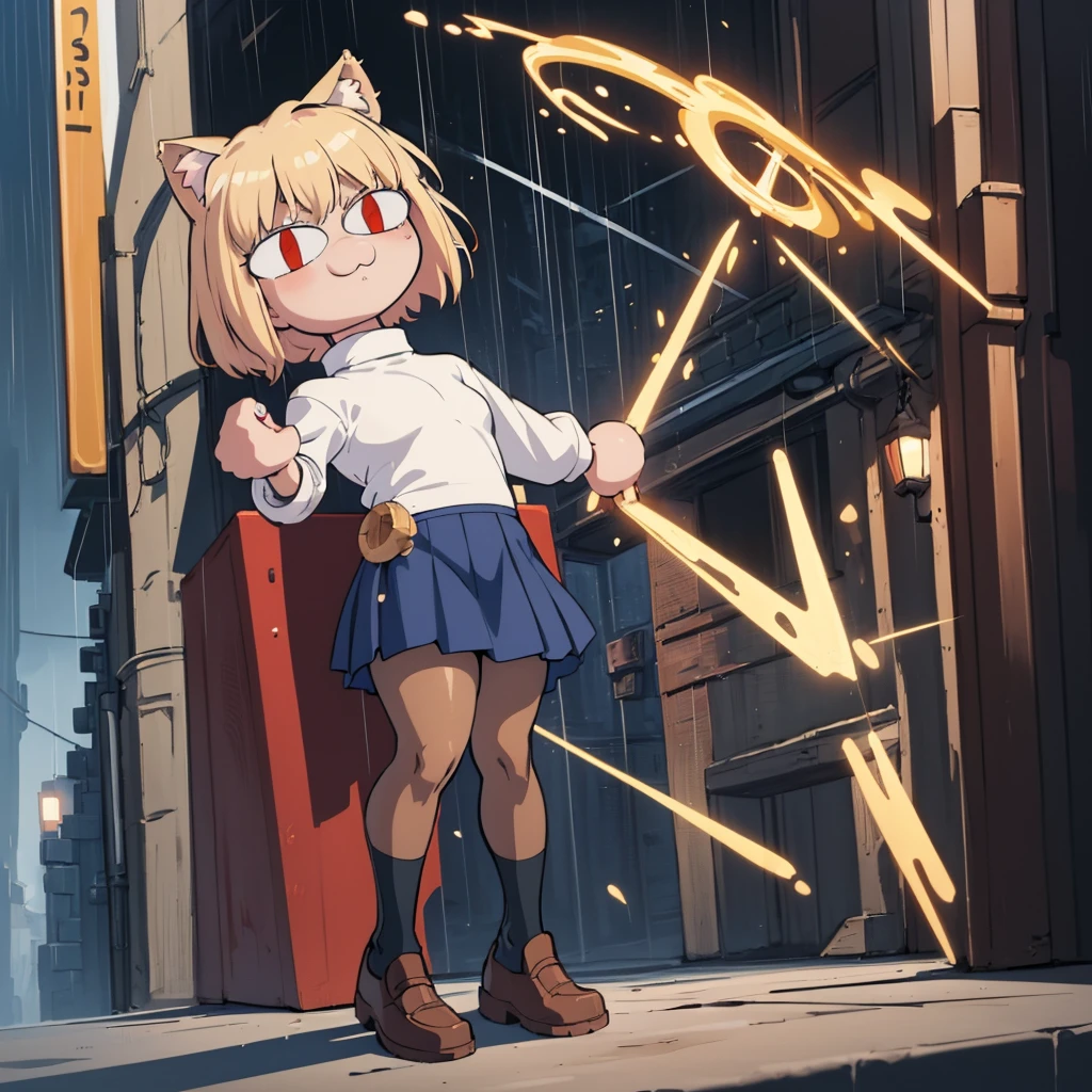 (masterpiece, best quality:1.2),  necoarc, slit pupils, cat ears, blonde hair, red eyes, chibi, 1boy, solo, white turtleneck, blue skirt, pleated skirt, brown footwear, pantyhose, outdoors, (solo portrait), (front view), highlight thighs, thick thighs, raining 