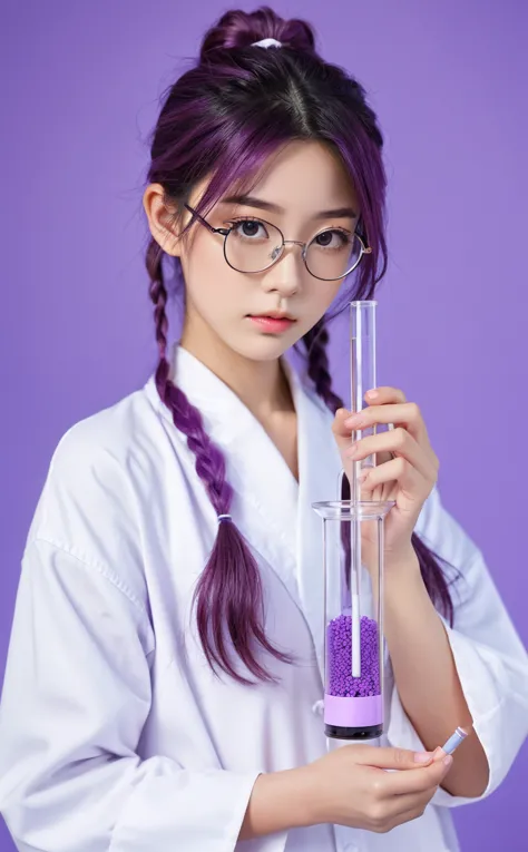Realistic,Portrait of one girl of young Japanese idol,fake glasses,Upper Body,Purple Hair,indoor,holding a test tube,Looking at ...