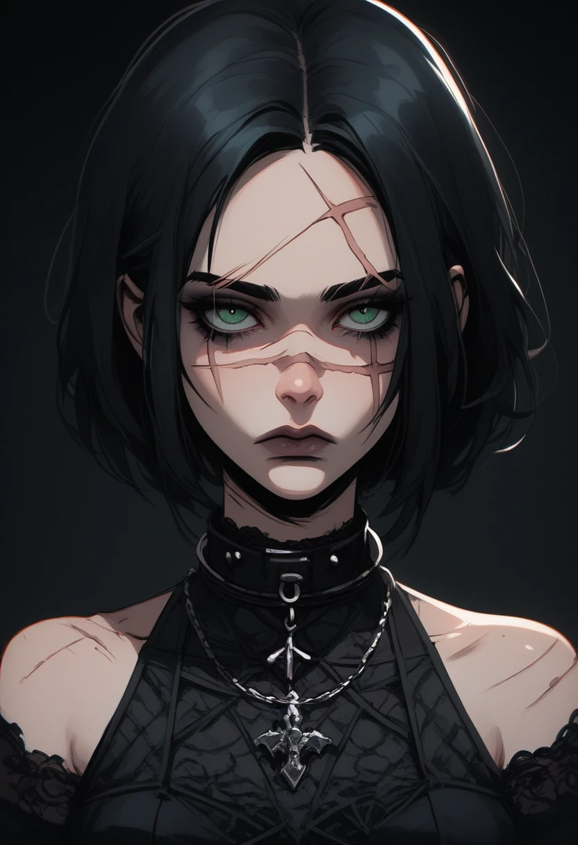 คะแนน_9, คะแนน_8_ข้างบน, คะแนน_7_ข้างบน, สาวกอธิค, goth girl ผู้หญิง 1 คน, ผู้หญิง 1 คน,ตามลำพัง,มองไปที่ผู้ชม,ผมสั้น,ฮิต,พื้นหลังที่เรียบง่าย,ไหล่เปลือย,เครื่องประดับ, ,ปิดปาก,ตาสีเขียว,โดยสีขาว,ขนสีเทา,ผมปานกลาง,ปกเสื้อ,คอ,แผลเป็น,พื้นหลังสีดำ,ภาพเหมือน,,แผลเป็น on face,แผลเป็นบนดวงตา,covered คอbone,  