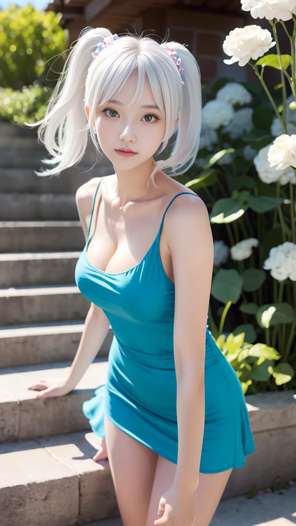 Some women have long white hair, A simple, thin one-piece dress worn by a beautiful girl, With slit, (Her skin is visible through her dress), Real life anime girls, 15 years old, Baby Face, Small and slender figure, Perfect white hair girl, Anime Girl Cosplay, Photorealistic Animation, Realistic anime 3D style, Realistic young anime girl, Ultra realistic anime, Twin tails, White Hair Girl, Photorealistic Animation girl render, Beautiful anime school girl, (Blooming Flowers々A fantastic and beautiful staircase background created by), (Detailed eyes and face:1.2, Professional photography techniques), Beautiful breasts, Cleavage, Slender body line, Small beautiful butt, Tight waist, (smug face), ((Her beautiful hair flutters:1.2, The dress flutters:1.3))