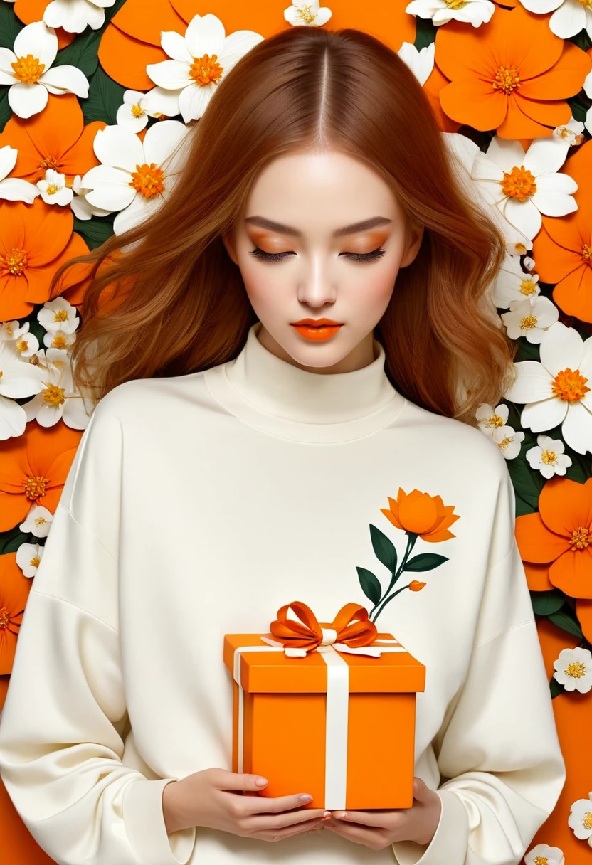 poster design，There is a huge orange gift box around the neck，Flowers，Ribbon，White crewneck shirt，fantasy，Minimalism，fantasy，in style of Hayv Kahraman