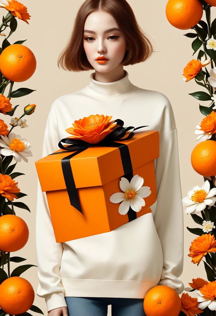 poster design，There is a huge orange gift box around the neck，Flowers，Ribbon，White crewneck shirt，fantasy，Minimalism，fantasy，in style of Hayv Kahraman