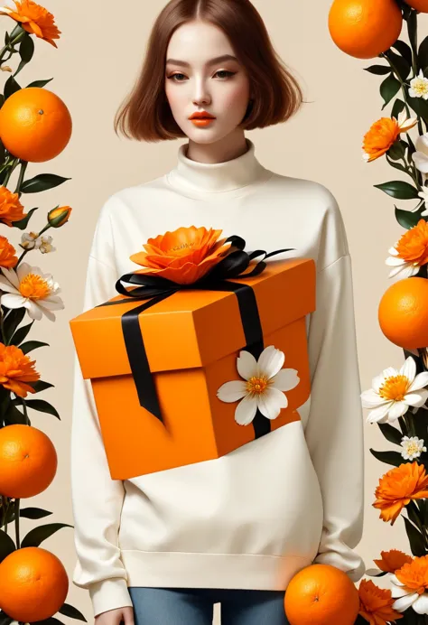 poster design，There is a huge orange gift box around the neck，Flowers，Ribbon，White crewneck shirt，fantasy，Minimalism，fantasy，in ...