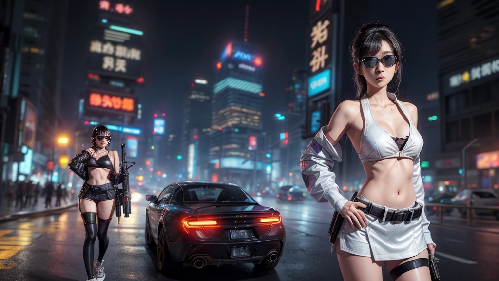 8k, Realistic Skin Texture, Realistic Photo, Neo Tokyo, slim Japanese women, large-breast:1.3 cleavage:1.2, AD2050 at night, Dirty hunting jacket, Wearing tube top, miniskirt, (((black sunglasses, automatic rifle, sneakers, cold, shooting pose, very low angle view))), Innovative composition, revenge, cyberpunk, blade runner worldview, Large neon sign, Geisha hologram sign, Strong Wakamoto Sign.