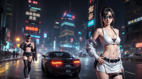 8k, Realistic Skin Texture, Realistic Photo, Neo Tokyo, slim Japanese women, large-breast:1.3 cleavage:1.2, AD2050 at night, Dir...