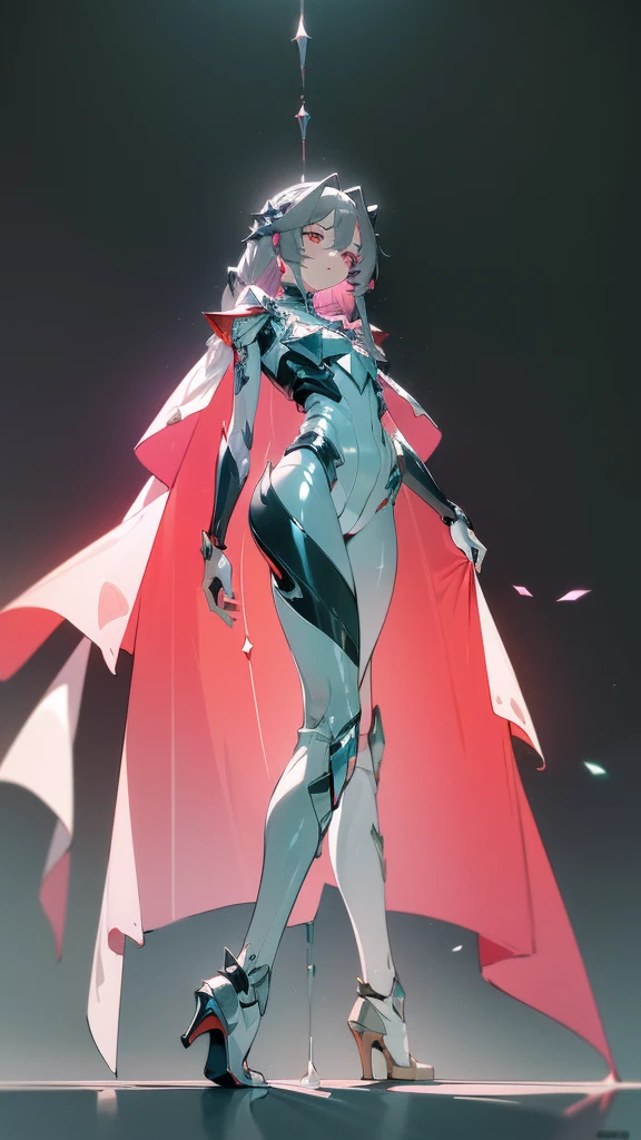 art, 8k, masterpiece, concept_art, (Fu_Hua), (Herrscher_of_Sentience), grey_hair, red_eyes, (plug_suit), white_bodysuit, glowing_bodysuit, pink_accents, green_crystal_on_chest, high_heels, (mystical_armor), glowing_cape