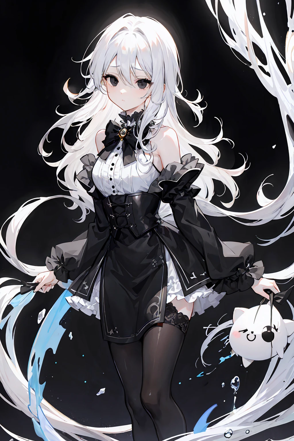 Light Gradient Hair,Asymmetrical hair,（（Thick hair 1.8，Clear head outline 1.6））， Shoulder-length hair, Messy hair, Very long hair, Shiny hair，(Long white hair:1.2),A beautiful girl，（Luxury Platinum Mini Lolita，Made of transparent material），（Transparent clothes transparent 1.8），Perfect body，High，Slender，(Looks sad，Looks haggard、Looks haggard、Pale nipples ，Grief，shut your mouth：1.2） Against the background of an unusually bright dark starry sky，stand up（Put your hands behind you），（round,  Large target, Firm breasts），barefoot，float，water surface，（Long Law，Long Law，Long Law，Complete），Full body image，(Black eyes:1.5)