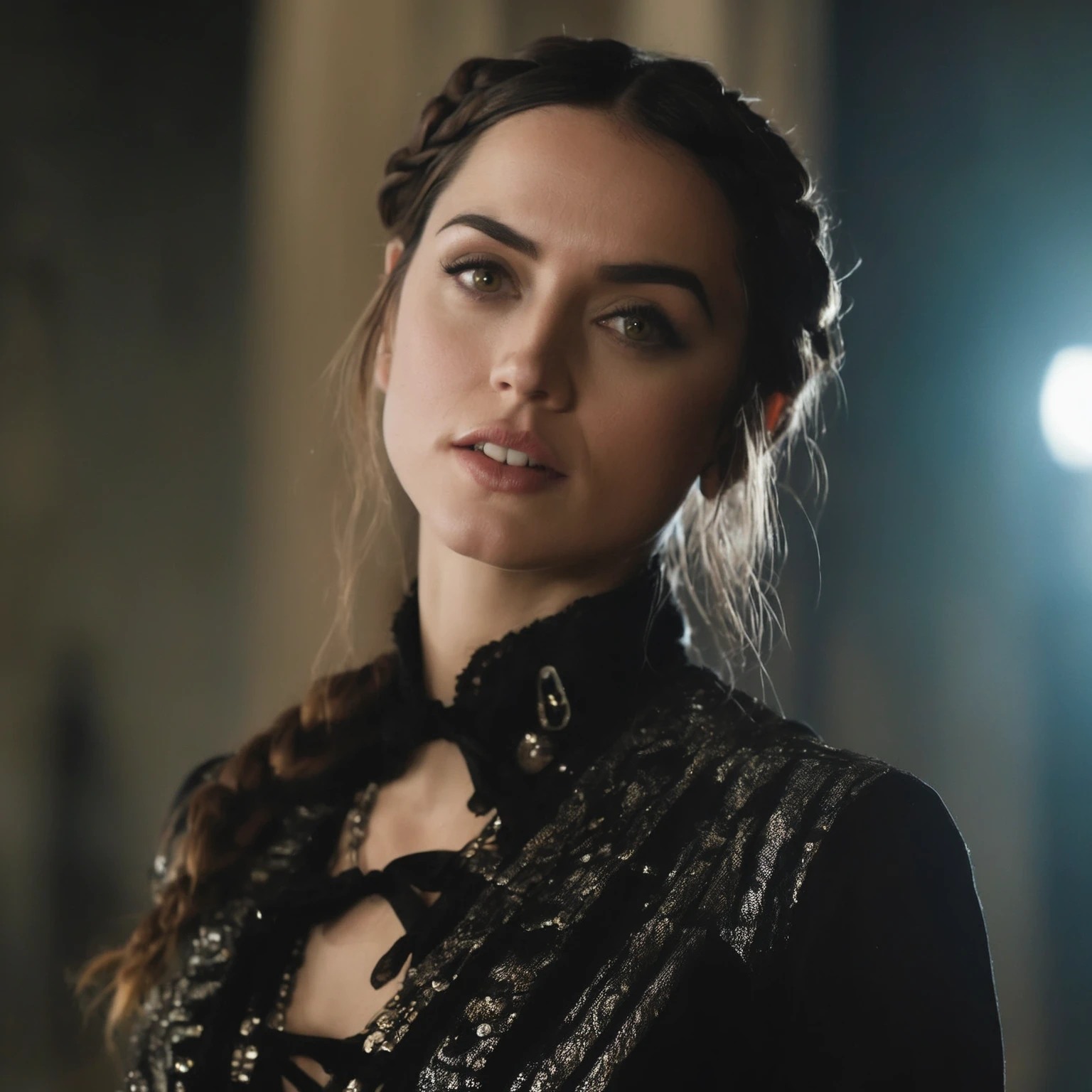 closeup of (ah, Woman) Wearing Gothic clothes, braided braids, in a castle, sharp focus, looking at the camera, make up, cinematic appearance, night time, mystical atmosphere, Mediovale, dark haired