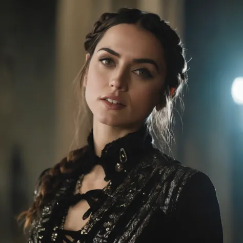 closeup of (ah, Woman) Wearing Gothic clothes, braided braids, in a castle, sharp focus, looking at the camera, make up, cinemat...