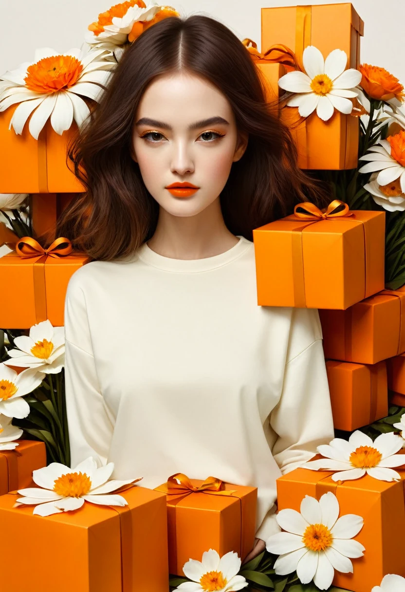 poster design，Lots and lots of huge orange gift boxes，Flowers，Ribbon，White crewneck shirt，fantasy，Minimalism，fantasy，in style of Hayv Kahraman