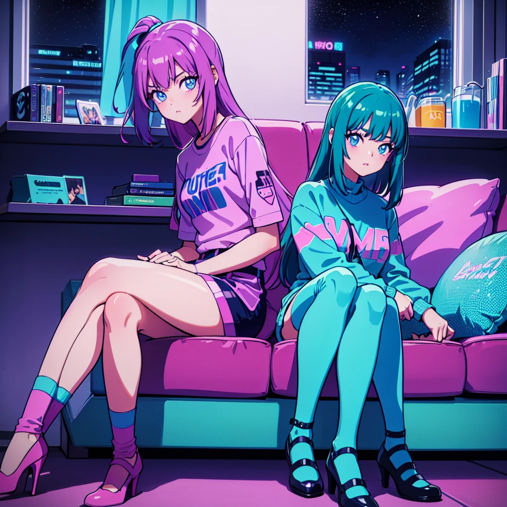 (masterpiece), Highest quality, Expressive eyes, Neon pastel aesthetics, Retro 90s, Neon color,((Girl sitting on sofa,In a cozy room,Records hanging on her wall, Comic books on the floor, Looking out the window behind her at the night city, Upholstered room, Anime figures lined up on a shelf)), Wearing headphones, (All around her it sparkles), (Wearing high socks and heels), (blue eyes), (Soft look), (Synthwave Art Style), Colorful Hair, Desk with PC set up