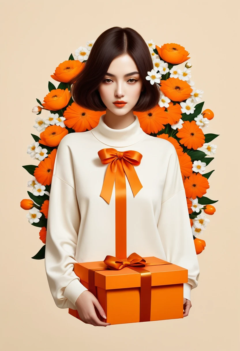 포스터 디자인，목 주위에는 거대한 오렌지색 선물 상자가 있습니다.，꽃들，리본，화이트 크루넥 셔츠，공상，미니멀리즘，공상，Hayv Kahraman 스타일로