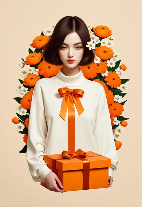 poster design，There is a huge orange gift box around the neck，Flowers，Ribbon，White crewneck shirt，fantasy，Minimalism，fantasy，in ...