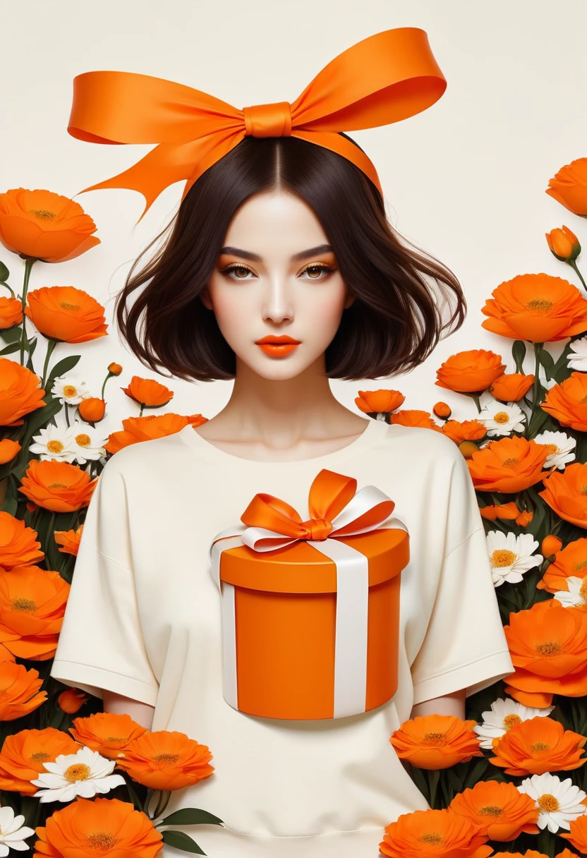 poster design，There is a huge orange gift box around the neck，Flowers，Ribbon，White crewneck shirt，fantasy，Minimalism，fantasy，in style of Hayv Kahraman